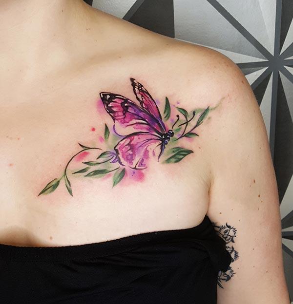 Heavenly catchy butterfly on leaves watercolor tattoo designs for stylish women on front shoulder