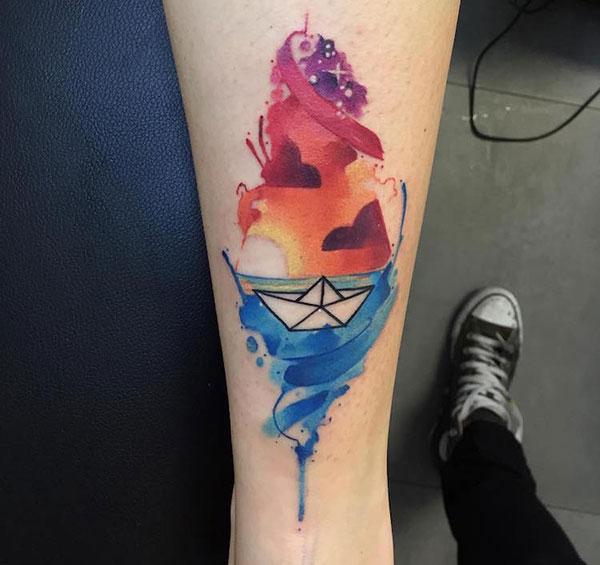 Cool attractive paper boat sailing at sunset tattoo designs on hand for Miracle believing Women