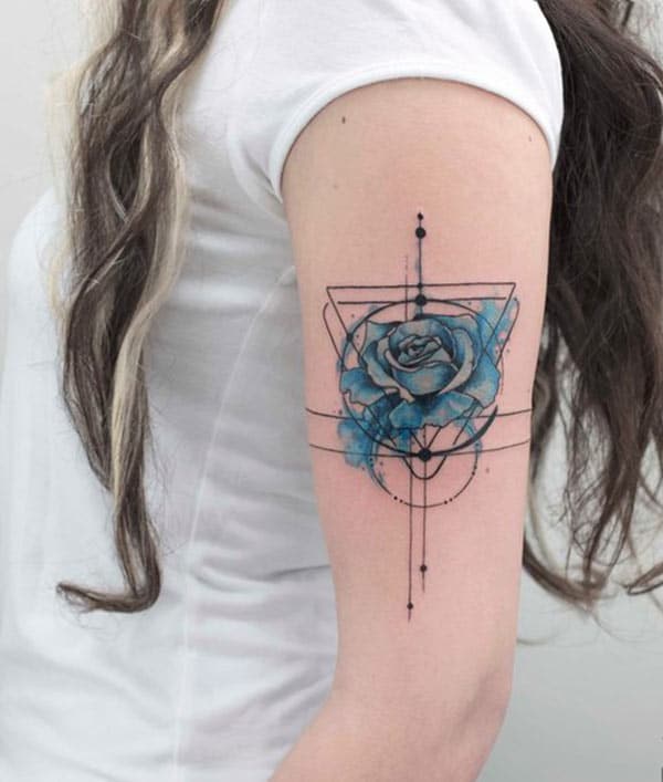 Eye-catchy Striking blue rose in triangle watercolor tattoo ideas for Girls on hand