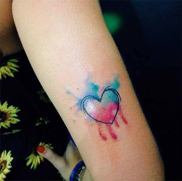 Simple blue pink sketch line heart watercolor tattoo designs for Girls on hand