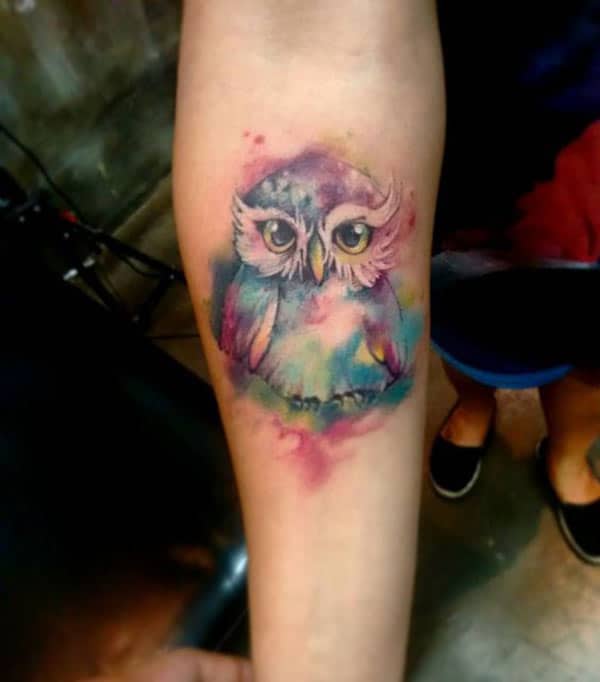 Beguiling deep colored big eyed owl watercolor tattoo designs on hand for Women