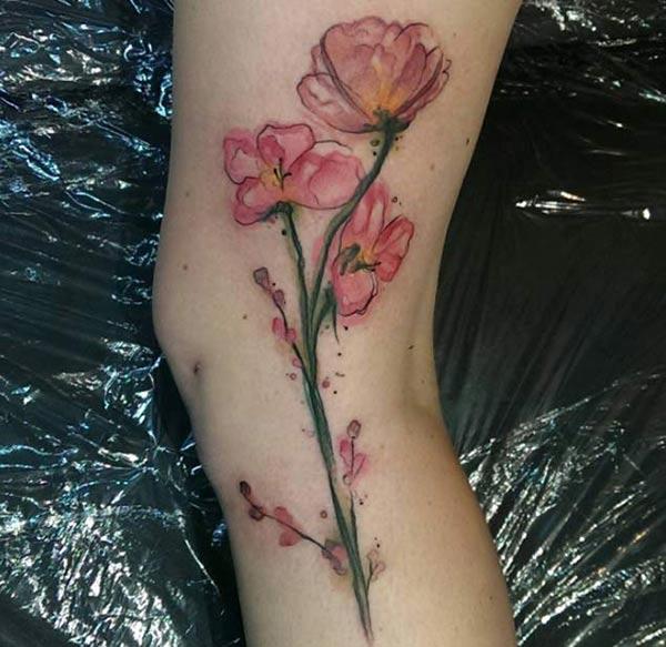 Simple elegant floral watercolor leg tattoo designs for Girls