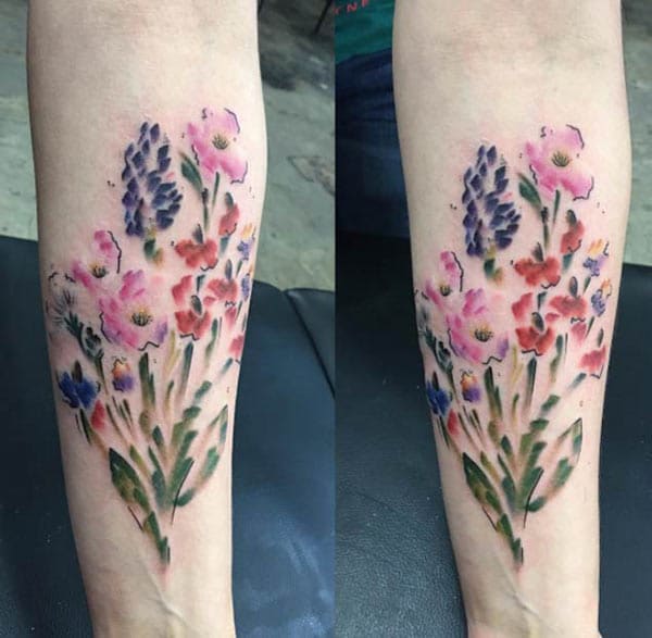 Lovely bouquet of flowers watercolor leg tattoo ideas for Women