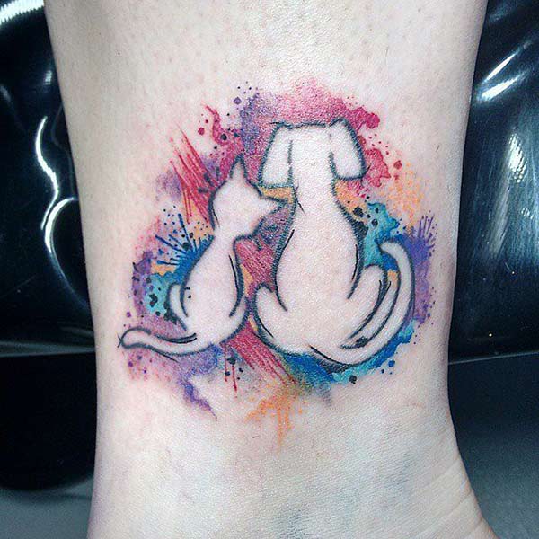 Lovely dog and cat watercolor ink leg tattoo ideas for girls
