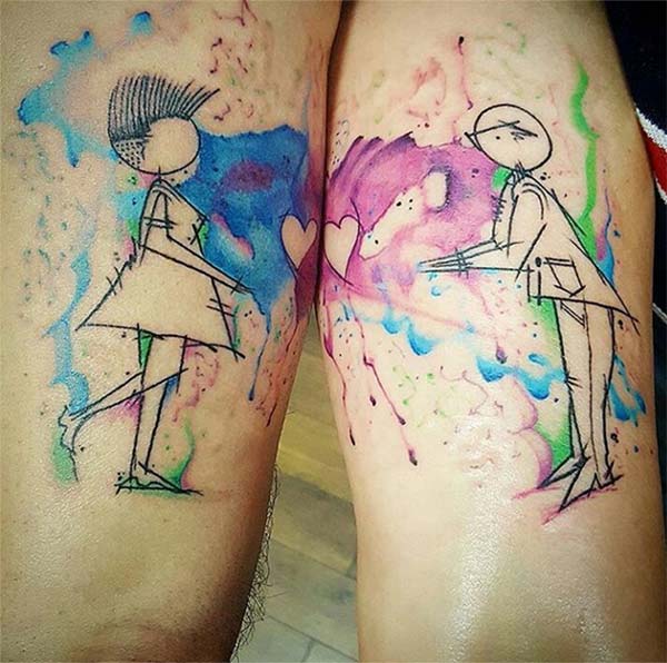Vibrant colored couple love sketch line watercolor tattoo ideas for boys