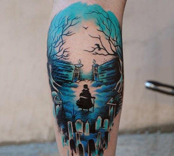 Funky and artistic graveyard in skull water color ink leg tattoo ideas for Male