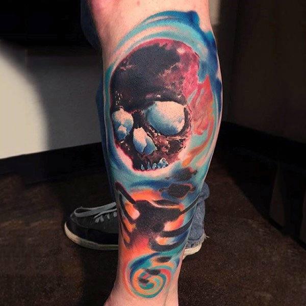 Cool skull water color ink leg tattoo ideas for stylish men