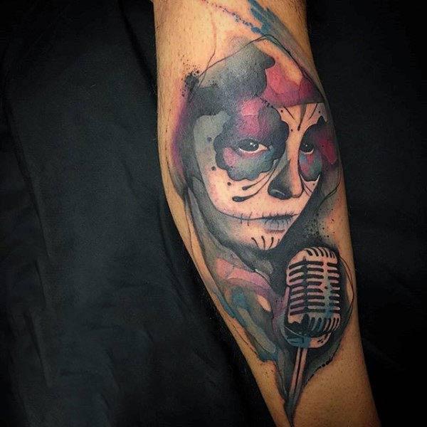 Artistic singer with mic water color ink leg tattoo ink ideas for boys