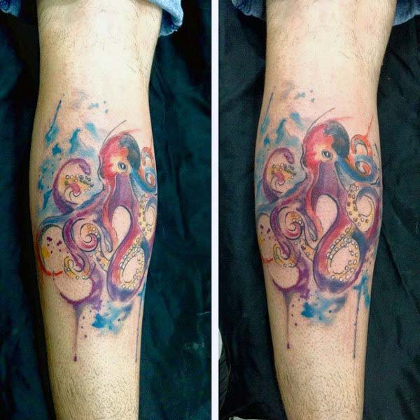 Trendy and vivid octopus watercolor ink tattoo ideas for deep underwater male enthusiasts