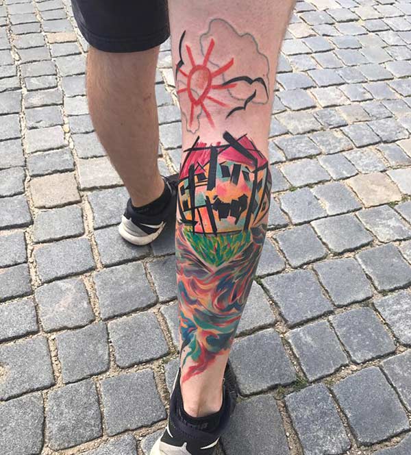 Vibrant and funky house and surrounding water color tattoo ideas for men