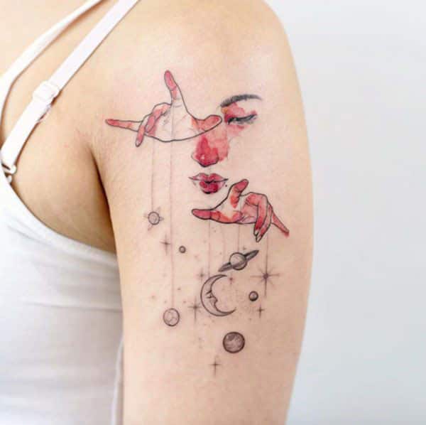 Women’s Cool watercolor shoulder tattoo of planets marionette by lady