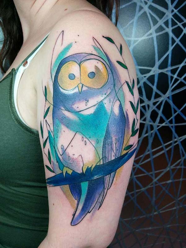 Attractive big eyed owl watercolor shoulder tattoo ideas for Girls