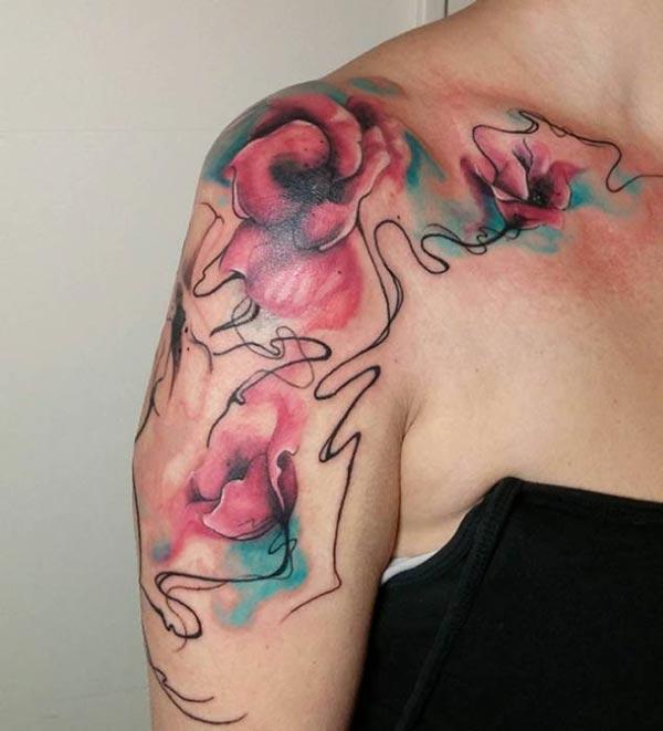 Beautiful red green flowers tattoo designs on shoulder for Ladies