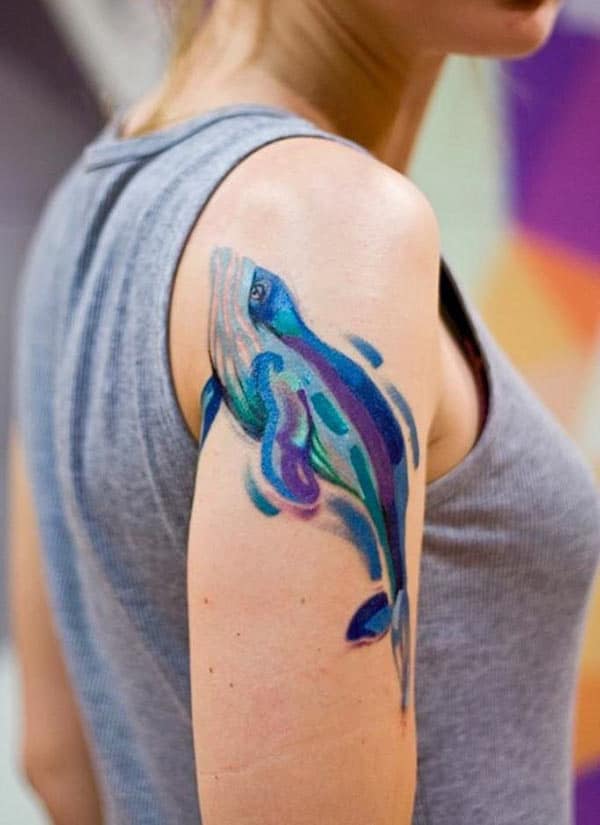 Adorable blue whale watercolor shoulder tattoo ideas for Girls