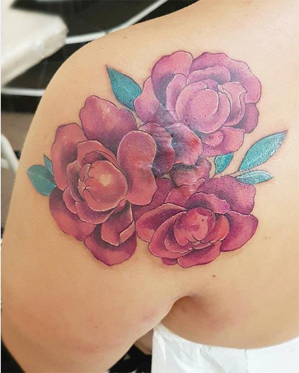 Impressive neo traditional roses watercolor shoulder tattoo ideas for Ladies
