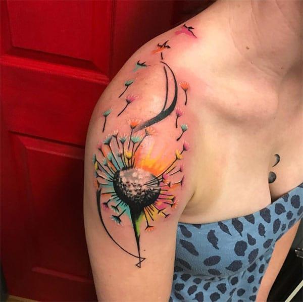 Bright colored Bird from dandelion flowers watercolor shoulder tattoo ink ideas for Girls