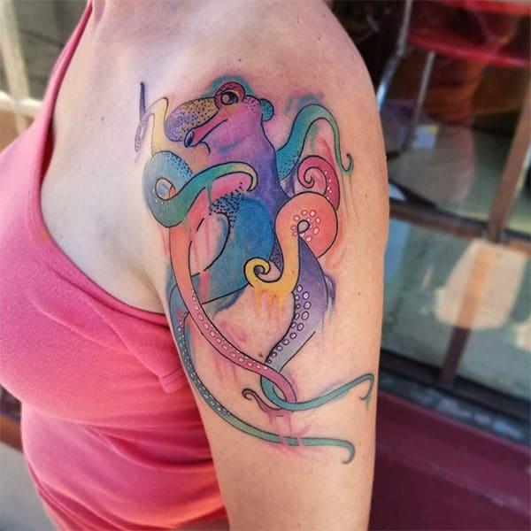 Striking colorful octopus watercolor shoulder tattoo ideas for Ladies