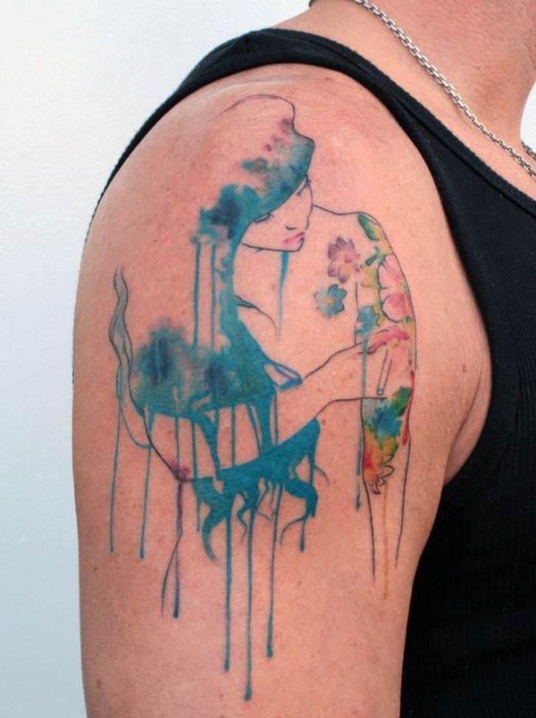 Amazing and cool girl with flowers water color ink shoulder tattoo ideas for creativity admiring men