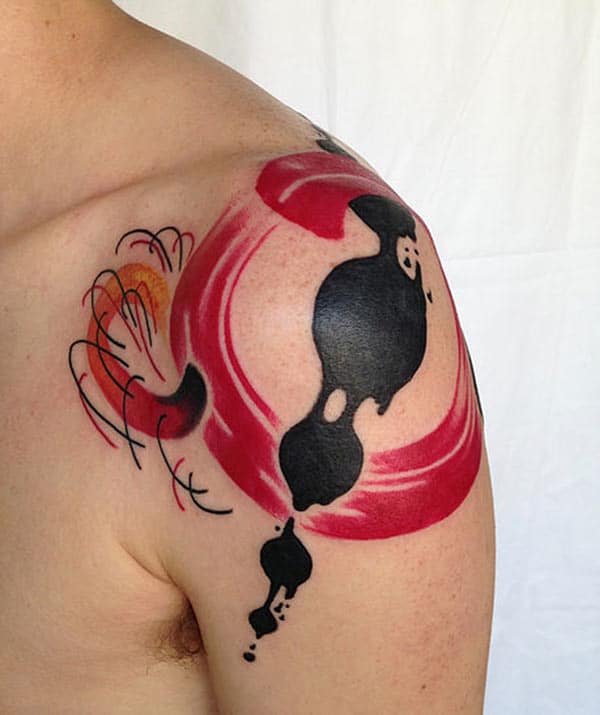 Imaginative art of red and black ink water color shoulder tattoo ideas for men