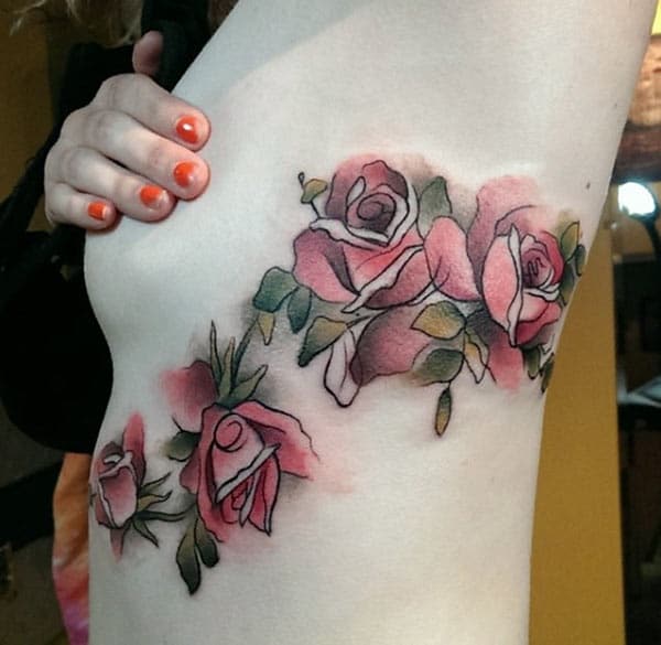 Attractive red rose floral vine watercolor side tattoo designs for Ladies