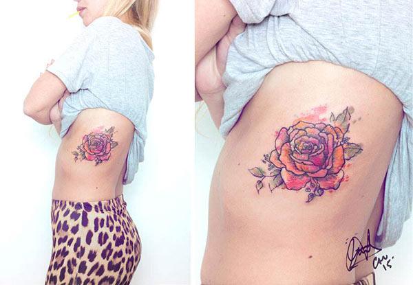 Watercolor Neo traditional huge rose side tattoo for Girls