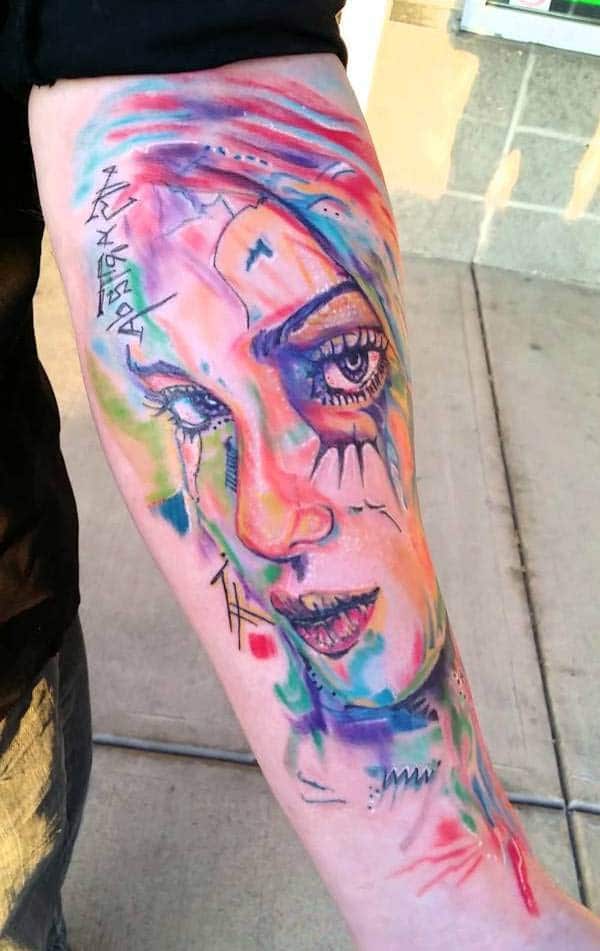 Bright colored alluring women face water color ink sleeve tattoo for men