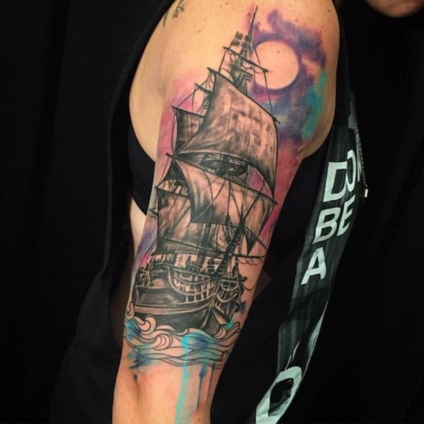 Surreal sailing ship water color sleeve tattoos for male trend setters