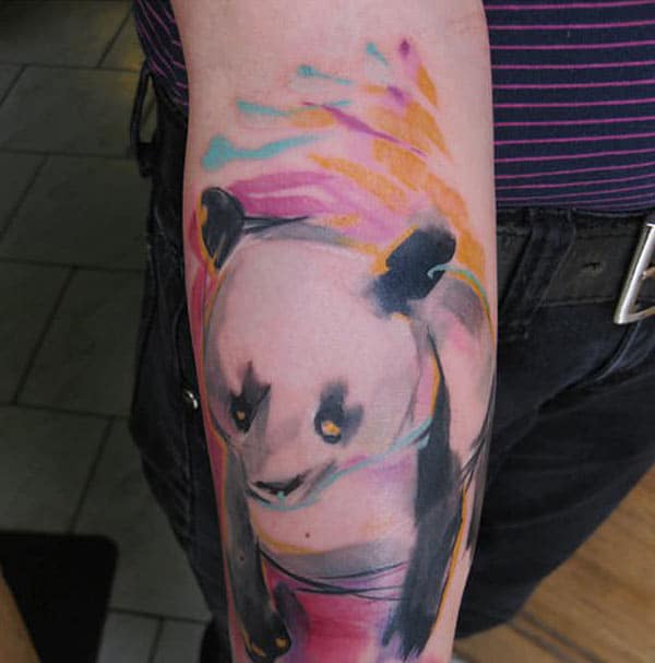 Funky panda water color sleeve tattoo ideas for males