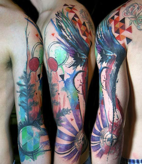 Men’s Unique tree rose geometric triangles tattoo on sleeve