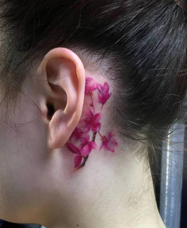Lovely cherry blossoms watercolor tattoo designs behind the ears for Girls
