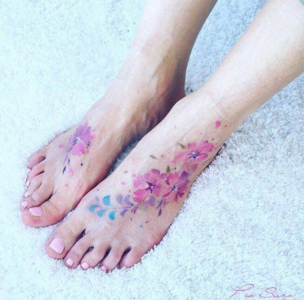 Painting like floral designs watercolor tattoo on leg for Girls