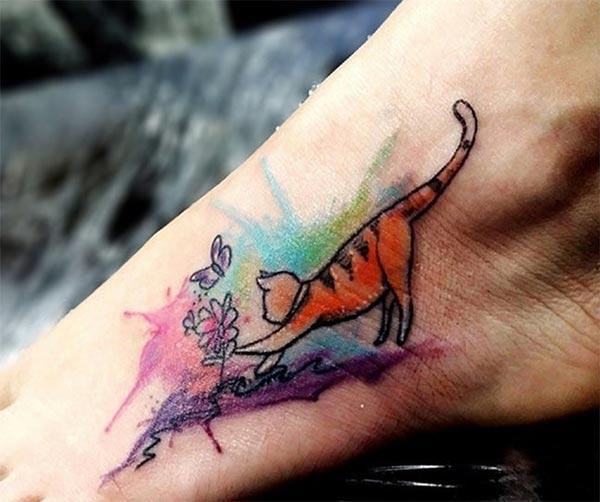 Cute Cat playing with butterflies watercolor leg tattoo designs for Feline loving Women