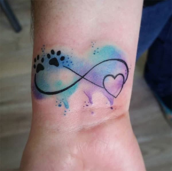 Alluring paws and heart infinity loop watercolor hand tattoo ideas for Female pet lovers