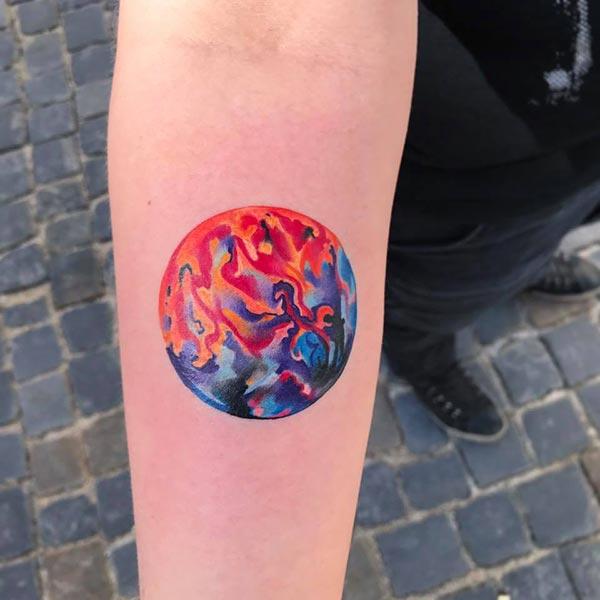 Funky Flamboyant Earth Water color ink Forearm tattoo ideas for men