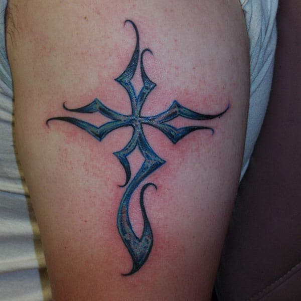 Cool blue black tribal cross tattoo ideas on arm for boys