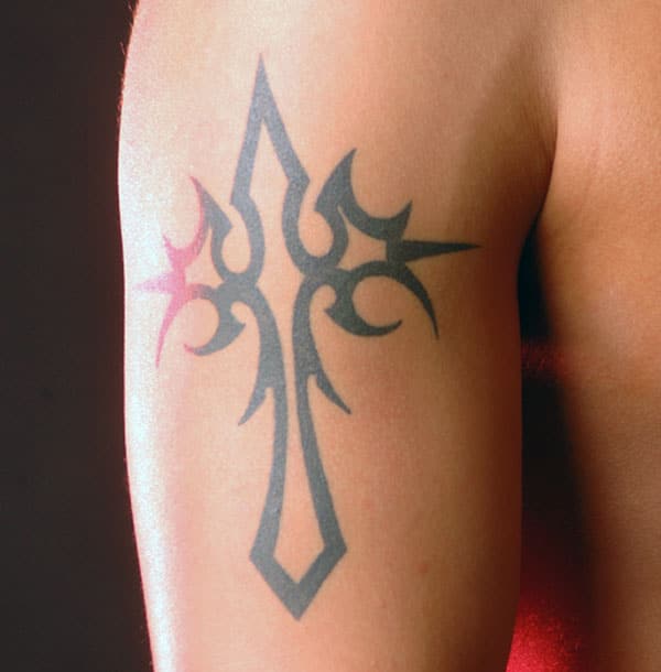 Arm simple black lined cross tattoo ideas for Boys