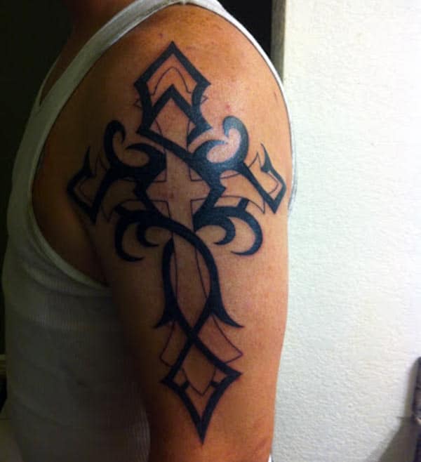 Enchanting Black lined tribal cross tattoo ideas on Arm for Men