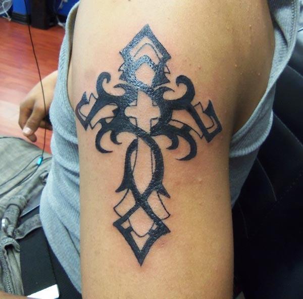 Men’s Stunning black tribal cross tattoo designs on shoulder