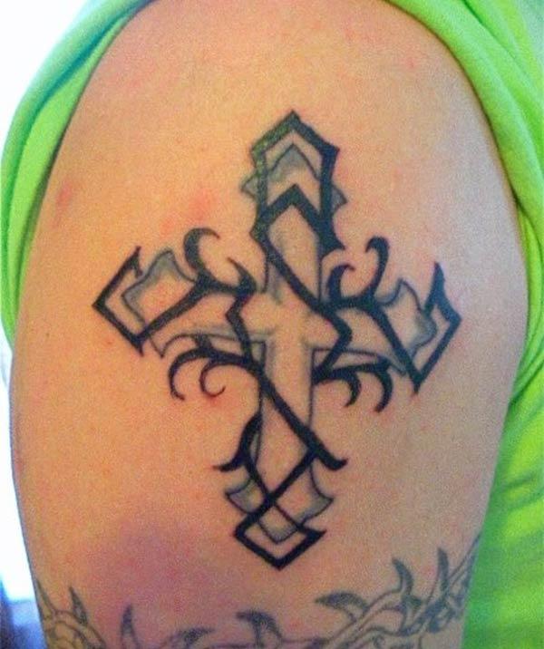 Shoulder tribal cross tattoo design for Guys
