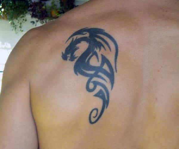 Chinese black lines tribal dragon tattoo on back shoulder for Boys