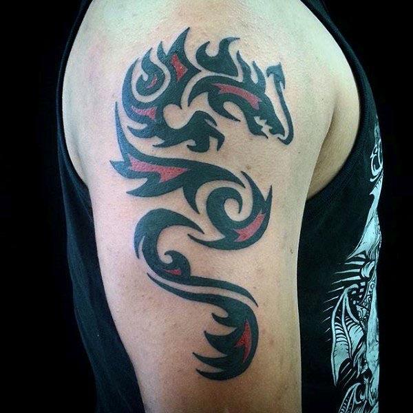 Captivating black and red tribal dragon tattoo ideas on shoulder for Men