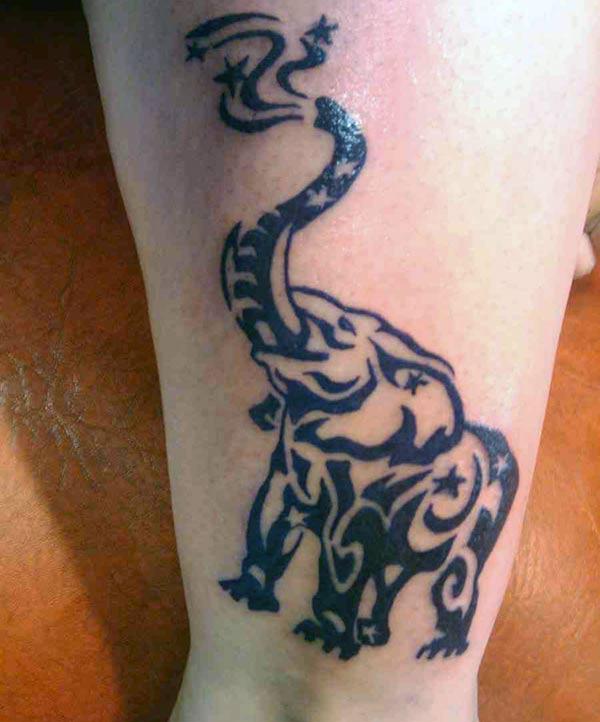 Mystical elephant with stars tribal tattoo designs on leg for Girls