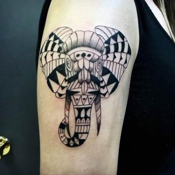Captivating geometrical elephant head tribal tattoo ideas on arm for Girls