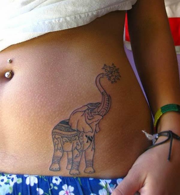 Exquisite elephant pouring water tribal tattoo ideas on belly side for Women