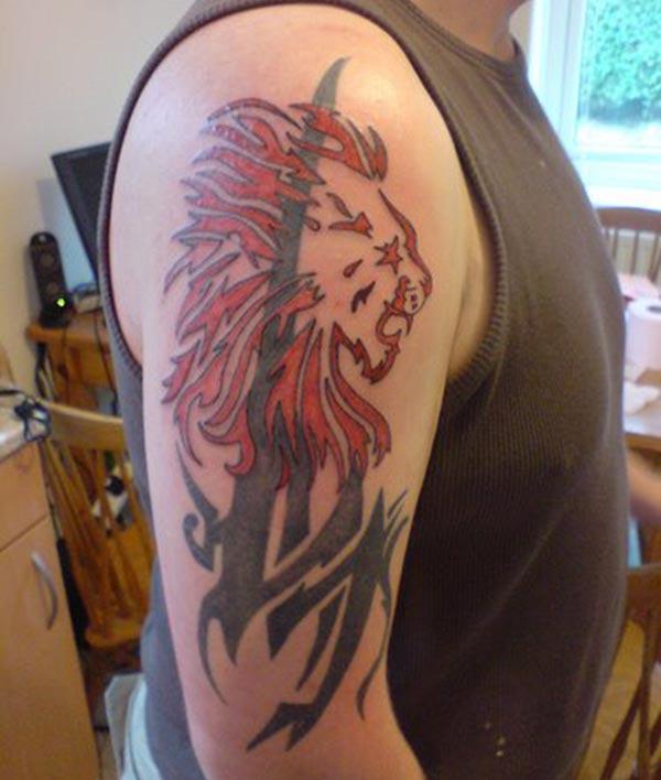 Beautiful red tribal lion tattoo ideas for men on arm