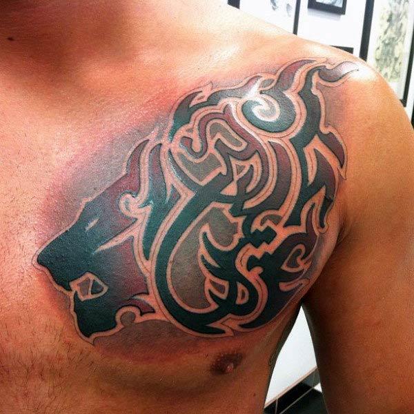 Striking Red black Celtic lion head tribal tattoo ideas for guys and Men on Chest