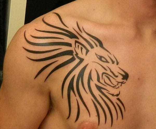 tunning Black line tribal lion head tattoo ideas for Men on chest