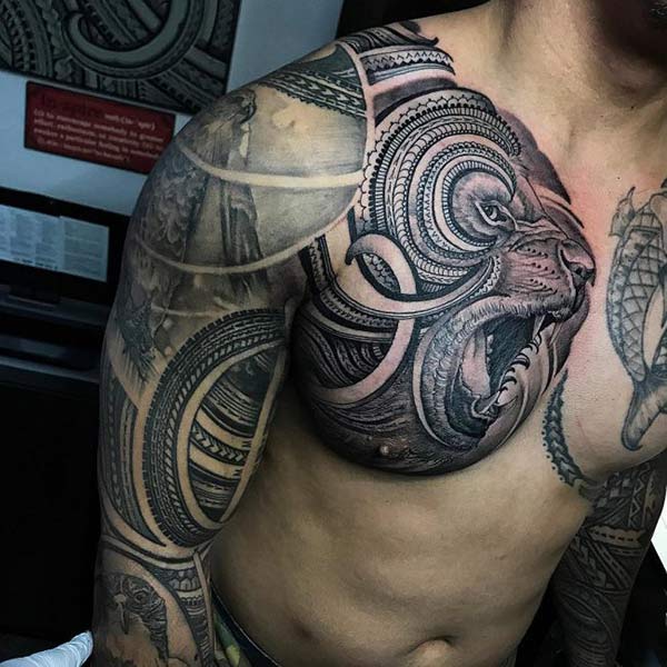 Cool attractive vicious lion face tribal tattoo design on front chest for Masculine Men