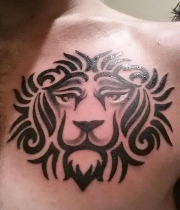 Artistic attractive tribal Lion face tattoo designs on Chest for robust Boys