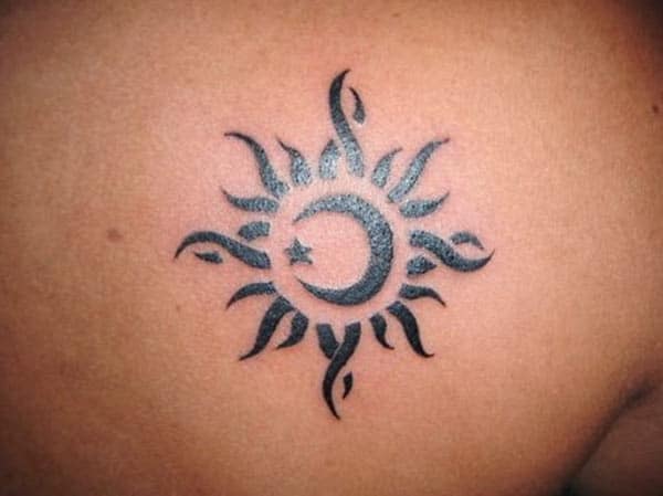 Fascinating tribal sun back shoulder tattoo designs for Boys